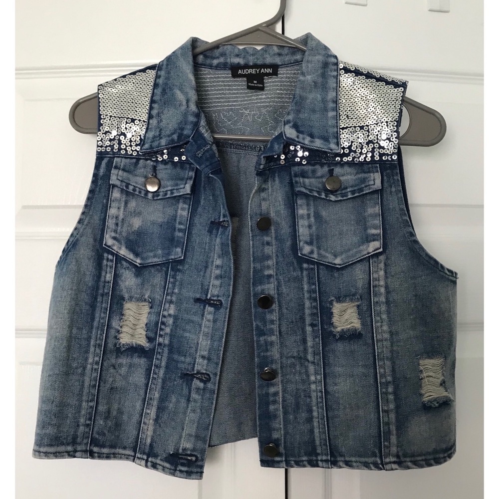Distressed Blue Jean Denim Vest w/ Sequins